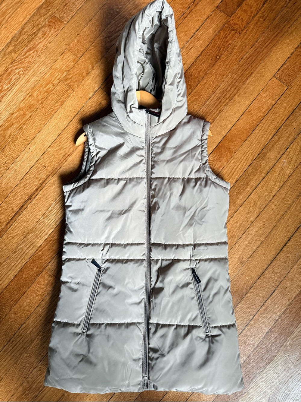 Calvin Klein Long Tan Quilted Hooded Sleeveless Puffer Vest
